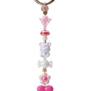 Handmade Bear Candy Heart Flower Bag Charm with Pink Beads and Heart Pendant